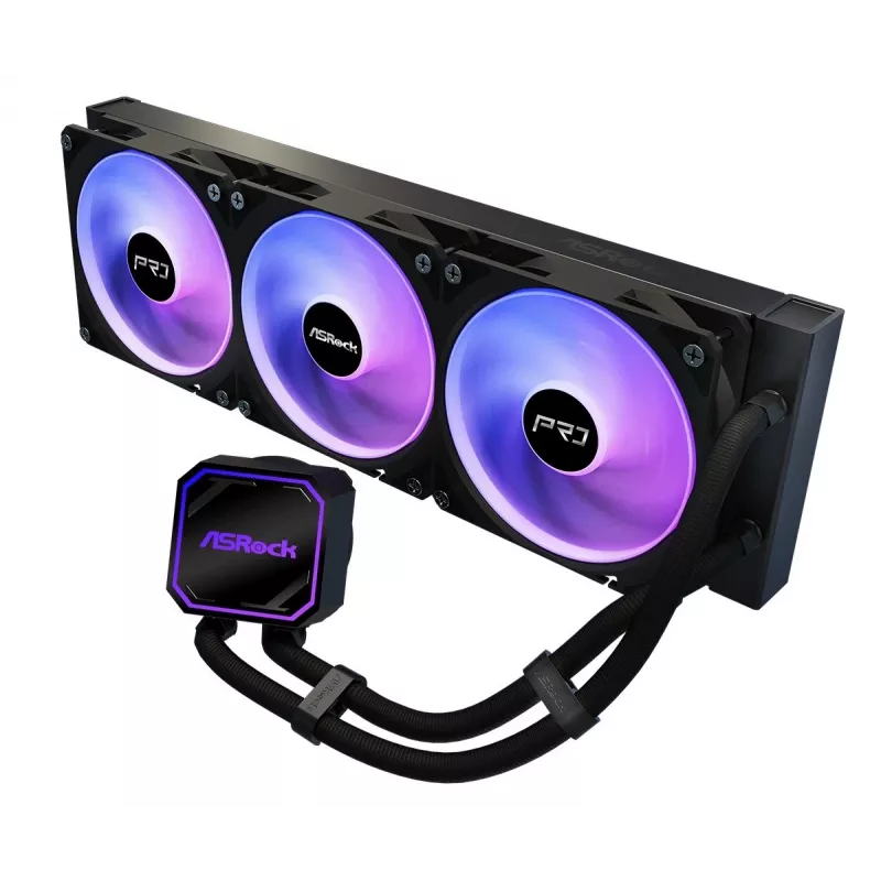 CPU chladič ASROCK Pro 360 ARGB čierny — ASROCK model 90-APRA36-BAAGA6, 360-mm AIO kvapalinový chladič, ARGB osvetlenie