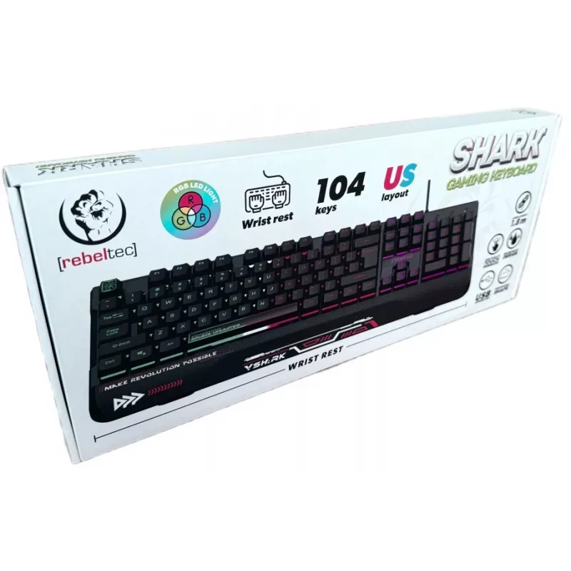Rebeltec SHARK herná klávesnica v plnej veľkosti, RGB, integrovaná opierka zápästia, vodeodolná