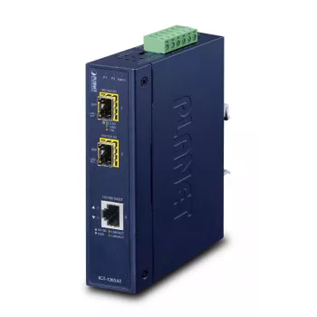Sieťový mediálny konvertor PLANET IGT-1205AT — Gigabit SFP 2-vláknový, 1x RJ-45, 10/100/1000 Mbit/s, 12–48V, DIN lišta, IP30