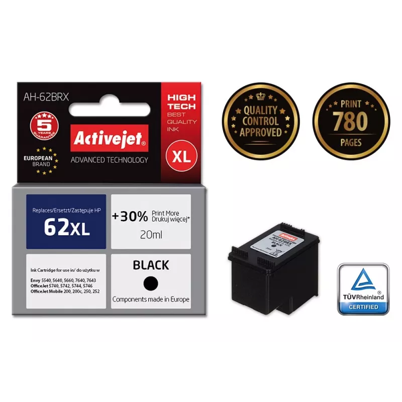 Activejet AH-62BRX atrament (náhrada za HP 62XL C2P05AE; Premium; 20 ml; čierny)