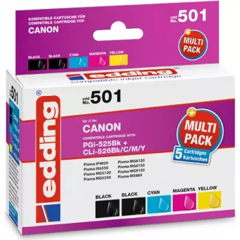 edding atramentové kazety EDD-501 2x čierna, azúrová, purpurová, žltá kompatibilné s Canon PGI-525 BK,