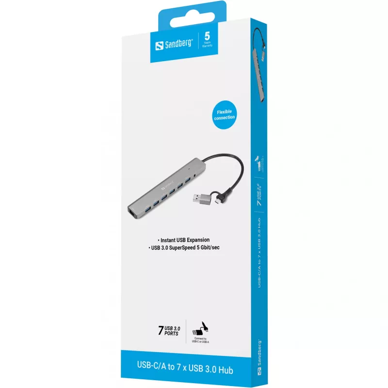 USB hub SANDBERG 136-66 — 7x USB 3.0 porty, externý s napájaním