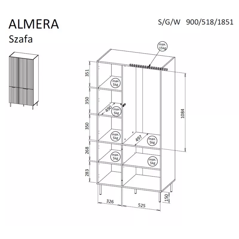 Šatníková skriňa Cama Meble ALMERA Cama 5 90x52x185 cm, orechový rám, cashmere dvere, 6 políc