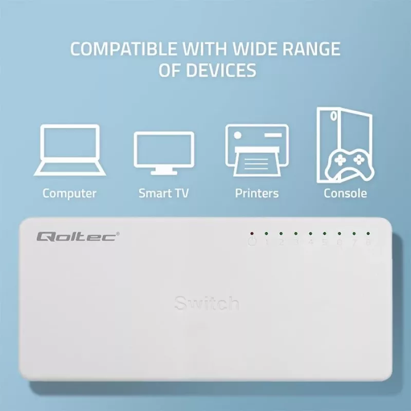 Qoltec sieťový switch 8x RJ45 port 1000 Mbps LAN
