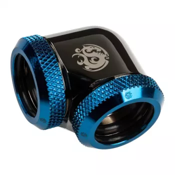 Bitspower adaptér 90° 16mm AD na 16mm AD Hardtube, čierny lesklý/modrý