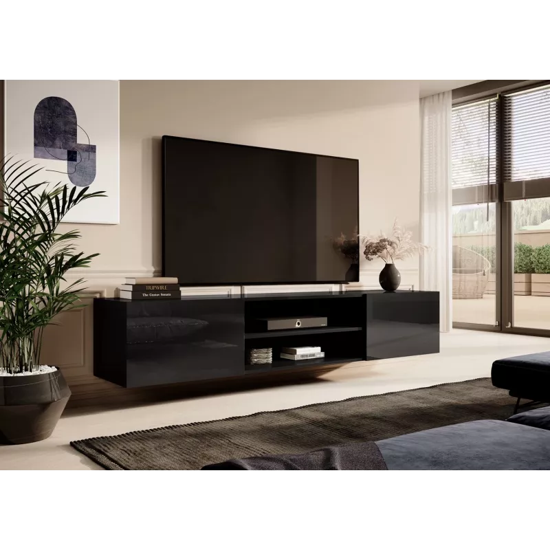 TV skrinka Cama Meble SLIDE 200K — 200x40x37 cm, lesklá čierna, vrchná doska z drevotriesky