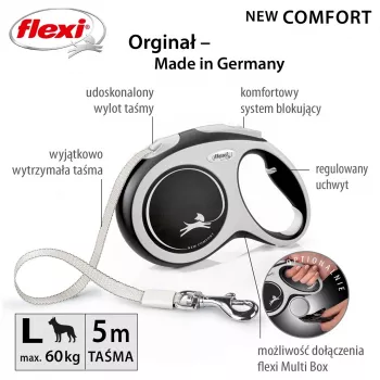 Flexi New COMFORT 8 m čierne, sivé psie navíjacie vodítko