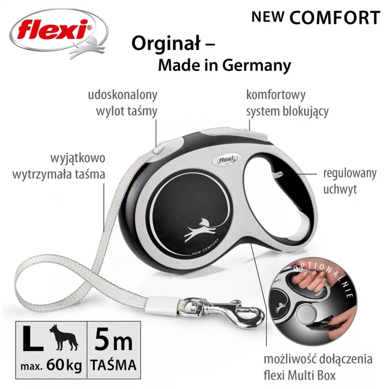 Flexi New COMFORT 8 m čierne, sivé psie navíjacie vodítko