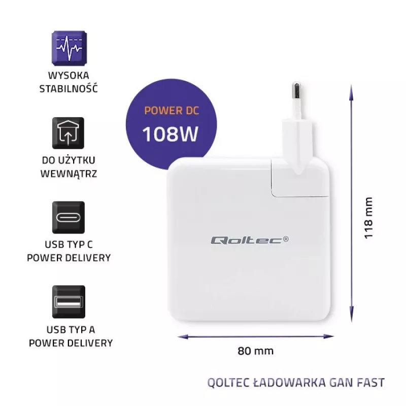 Qoltec GaN nabíjačka FAST 108W | 5-20V | 3-4.7A | USB C | biela