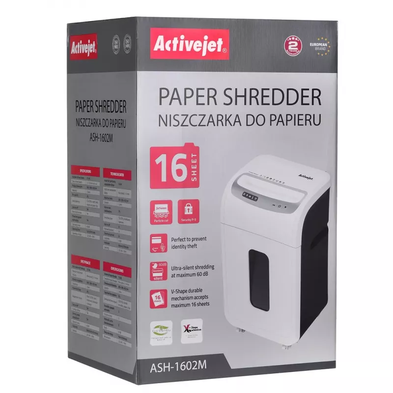Skartovač Activejet ASH-1602M, P-5, 28 l, 2x14 mm skart, biela