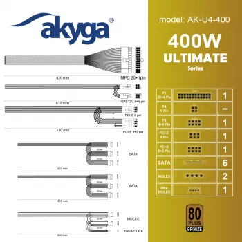 Akyga AK-U4-400 Ultimate 400 W ATX napájací zdroj, 80 PLUS Bronze, aktívne PFC, 120 mm ventilátor