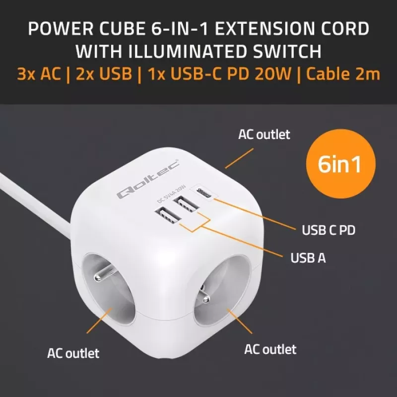 Power Cube QOLTEC 52547 predlžovacia zásuvka 3×AC zásuvky, 2×USB-A, 1×USB-C PD 20W