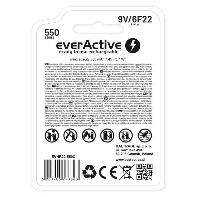 Nabíjateľná batéria everActive 6F22/9V Li-ion 550 mAh s USB TYPE C