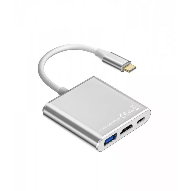 USB-C-Adapter-Hub TB AKTBXVAU3HMPDAV — 3-in-1: HDMI + USB-A + USB-C PD, strieborná