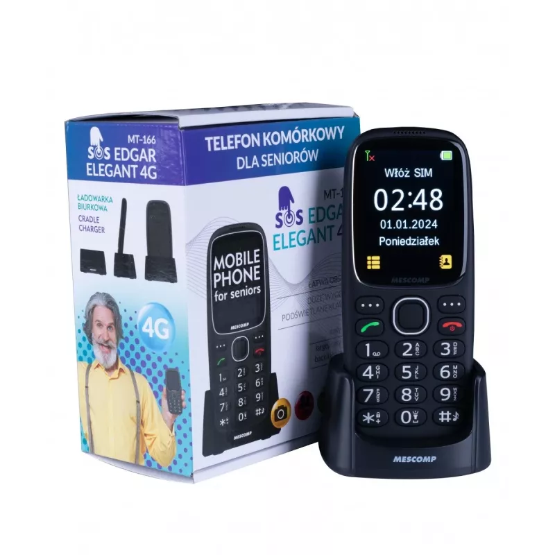 Mobilný telefón Mescomp MT-166 Edgar, elegantný, pre seniorov, 4G, čierny