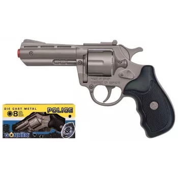 Hračkársky kovový revolver Pulio Police 33/0 (model 15533) – kovová konštrukcia, vystreľovanie hračkárskych projektilov