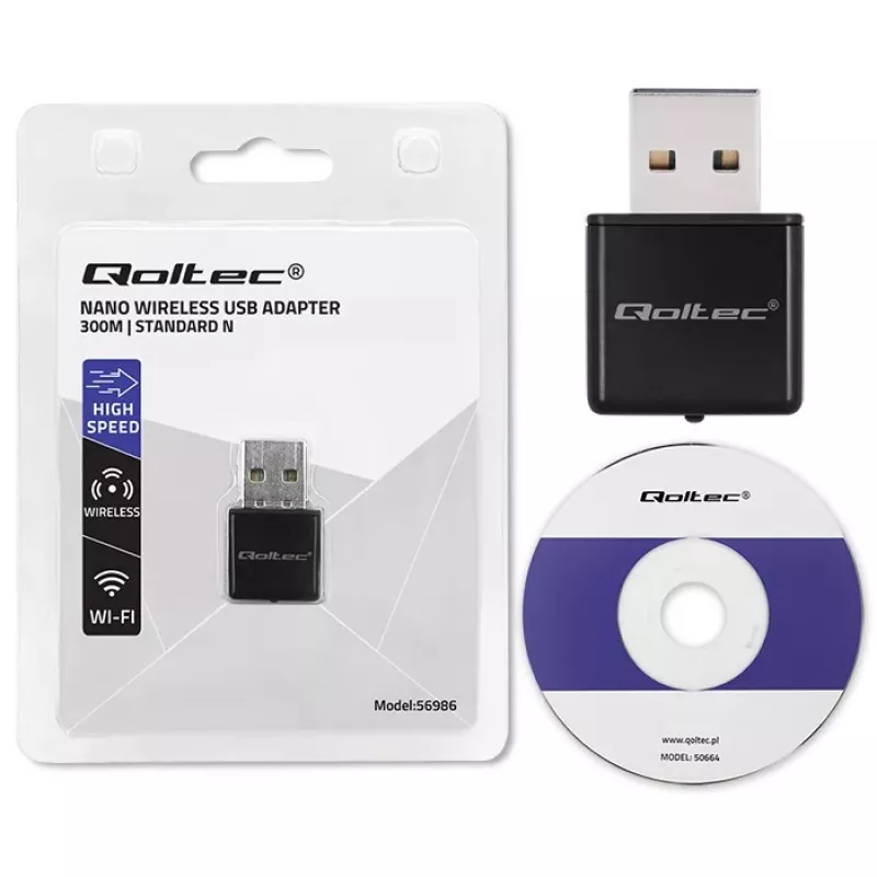 Wi‑Fi USB adaptér QOLTEC NANO 56986 — Mini-N, USB 2.0, 802.11n