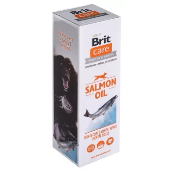 Doplnkový olej pre psy Brit Care Salmon Oil 250 g — tekutý, bez konzervačných látok, zlepšuje kožu a srsť