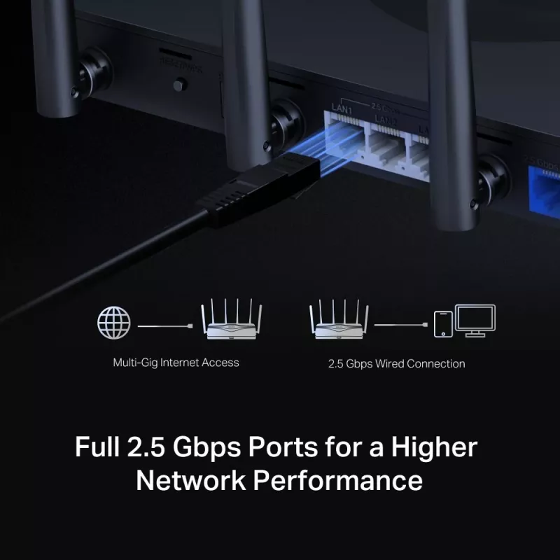 Stolný router MERCUSYS MR47BE — Tri-band Wi-Fi 7 (2,4/5/6 GHz), 9300 Mbit/s, 3× RJ-45, 2,5GbE, 6 externých antén