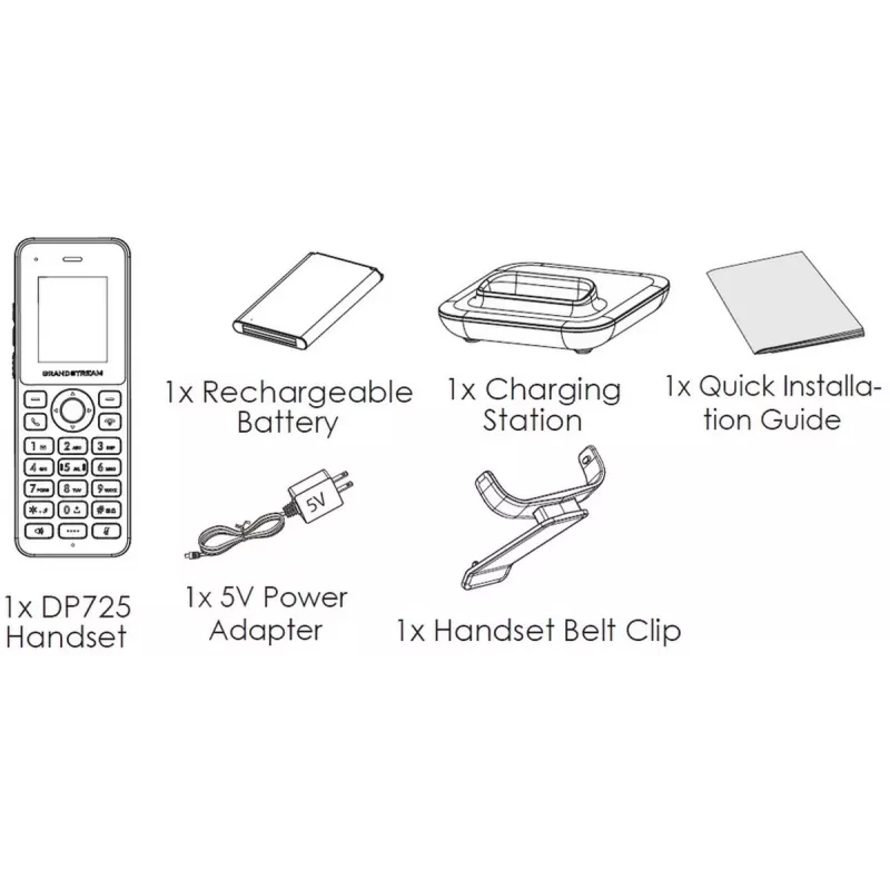 Grandstream DP725 bezdrôtové DECT HD slúchadlo, 1,8-palcový farebný TFT displej, 20 SIP účtov/liniek, push-to-talk, sivé