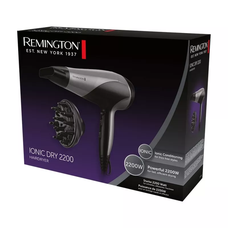 Fén Remington D3190S — 2200 W, ionizačný, 3 teplotné stupne, 2 rýchlosti, studený vzduch, difúzor a koncentrátor (strieborná/čierna)