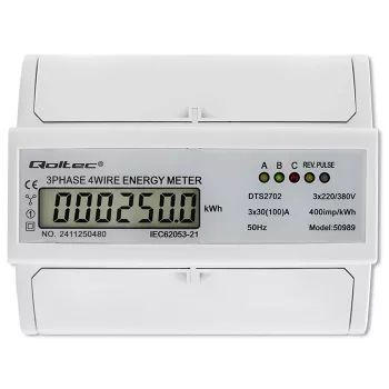 Qoltec trojfázový obojsmerný elektronický merač | DIN lištový merač spotreby energie | 400V | 100A | LCD | 4P
