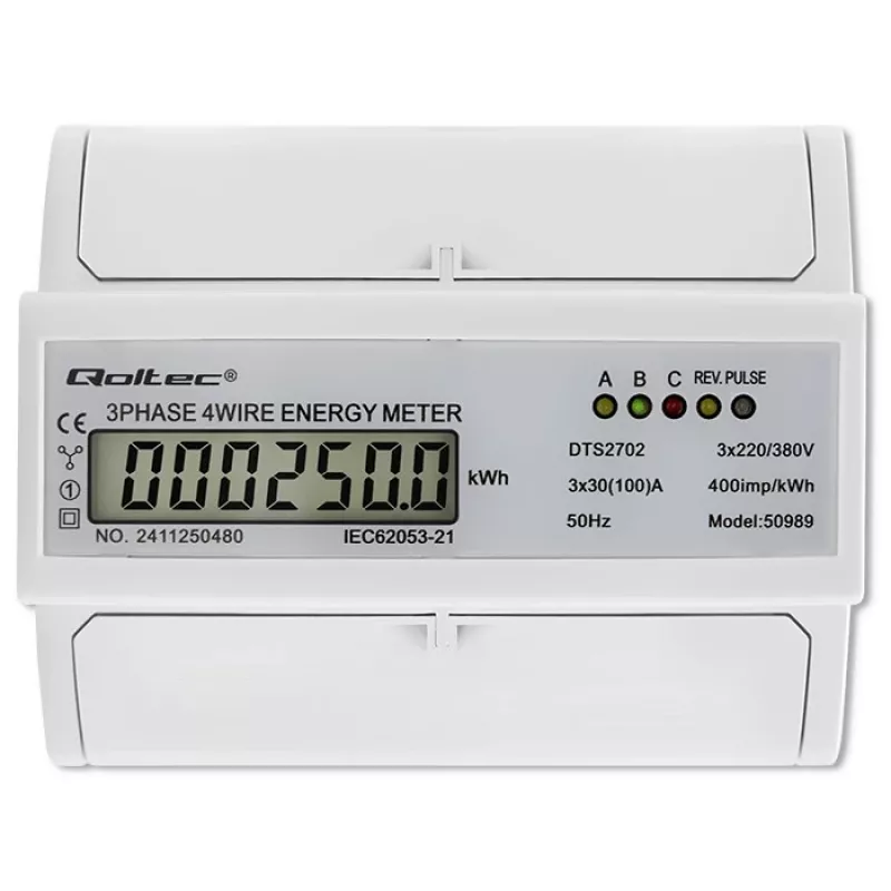 Qoltec trojfázový obojsmerný elektronický merač | DIN lištový merač spotreby energie | 400V | 100A | LCD | 4P