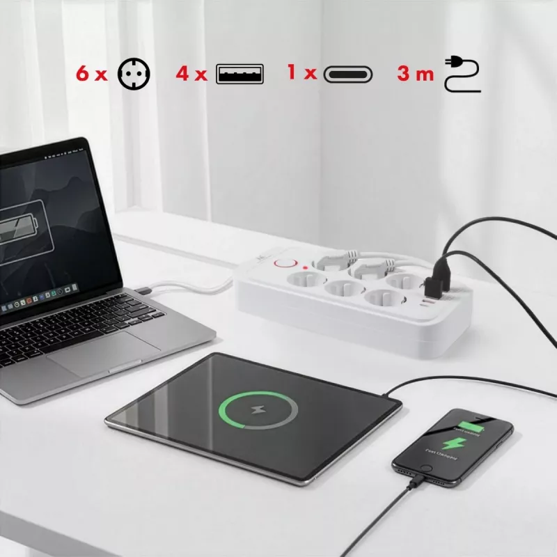 Predlžovacia zásuvková lišta MACLEAN MCE391 W — 6 zásuviek, 4×USB-A + 1×USB-C, 3 m kábel, 110–240 V, 2500 W, biela