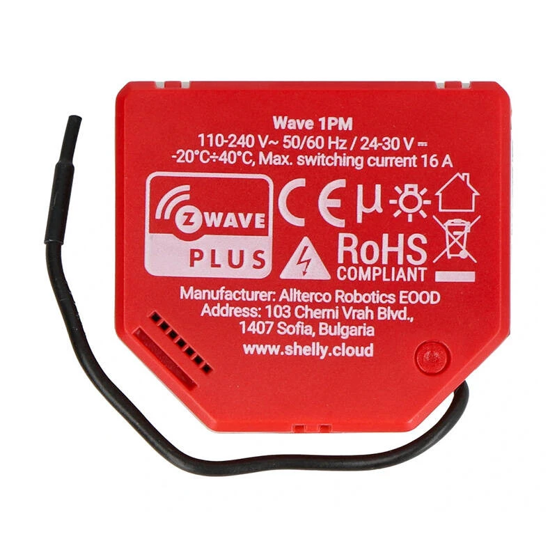Inteligentný spínač Shelly W 1PM plast 16A 110–240V, Z-Wave, 868,4 MHz, červený, 42×37×16 mm