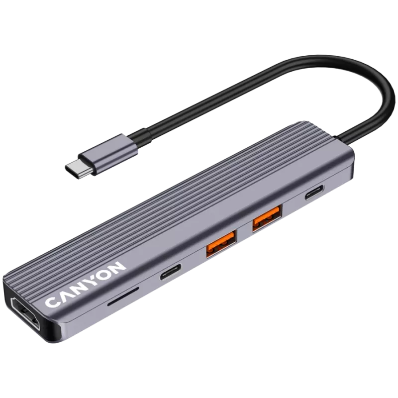 USB Type-C hub CANYON DS-17 — HDMI, USB 3.2 Gen 1 A, USB-C, MicroSD, 10000 Mbit/s, sivý