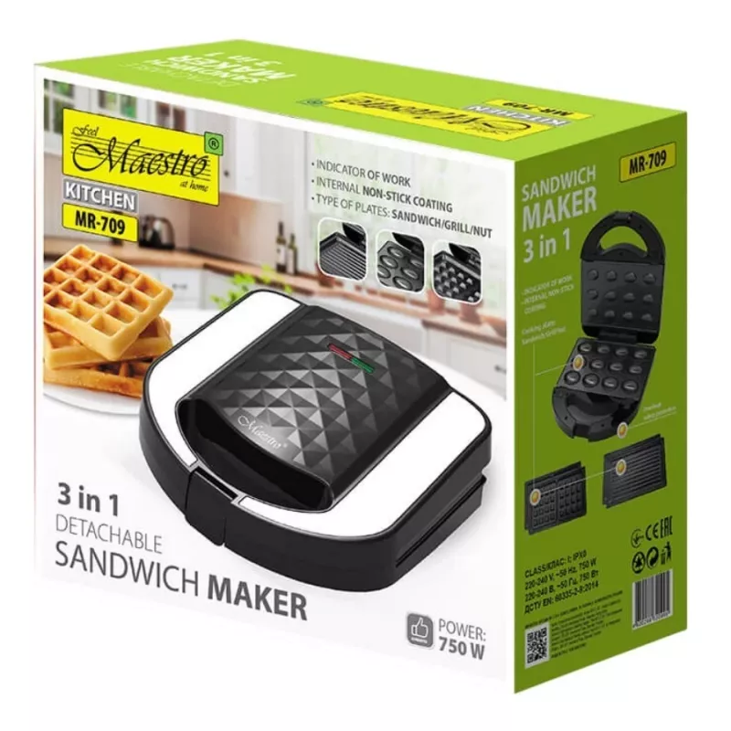 Toster sendvičovač Maestro MR-709 3v1 750W – sendvičovač, grilovacie a vaflové platne, biela