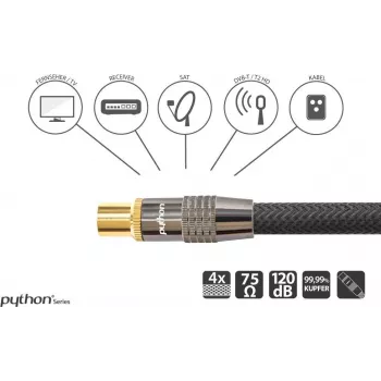 SAT anténny kábel, IEC/koaxiálny konektor samec na konektor samica pozlátený, tienenie 120 dB, 75 Ohm, nylonový oplet čierny, 1 m, séria PYTHON® (GC-M2011)