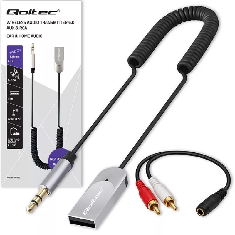 Bezdrôtový audio prijímač adaptér QOLTEC HiFi BT6.0 2xRC – Bluetooth audio prijímač pre reproduktory a autorádio