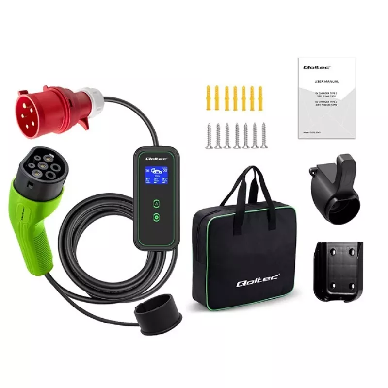 Qoltec mobilná nabíjačka pre elektromobily nastaviteľná 2v1 Type2 | 7kW | 230V | CEE 3 PIN | Wi-Fi | LCD | prenosná | wallbox | 5m