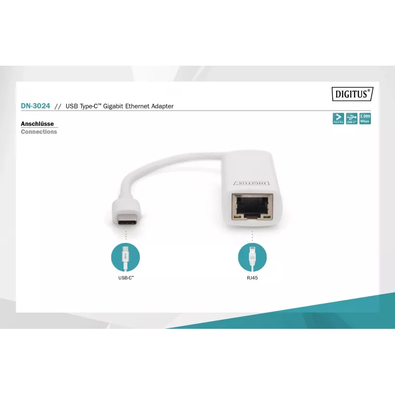 Digitus DN-3024 USB 3.0 adaptér 20 cm 1x USB-C na 1x RJ45 tienený