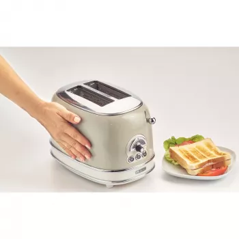 Hriankovač Ariete 155 Design na 2 plátky so sendvičovými košíkmi, 6 stupňov opečenia, 810 W, nerezové puzdro, vyberateľná miska na omrvinky, pastelová béžová