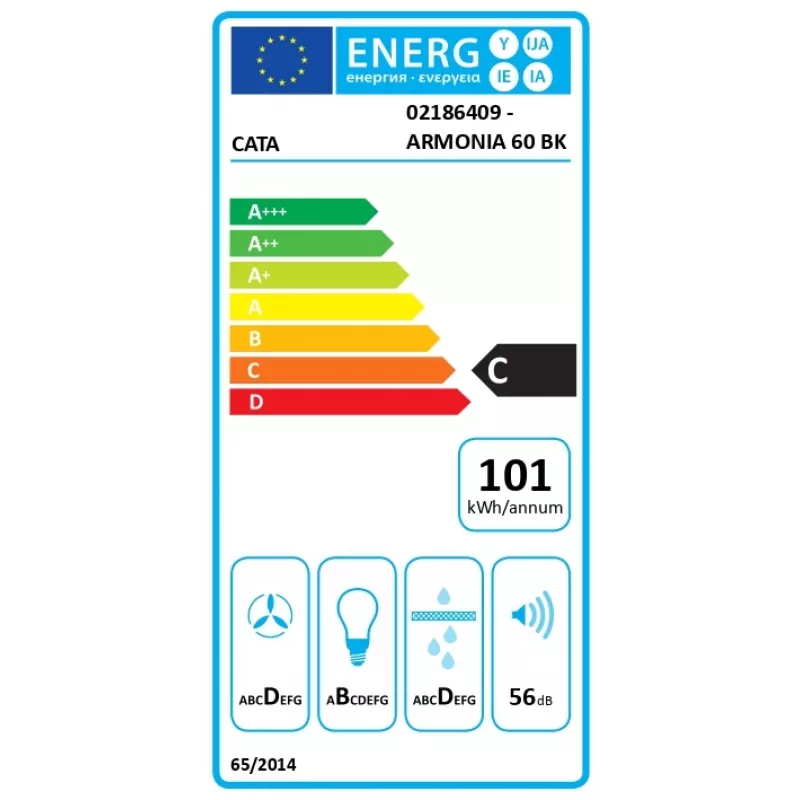 CATA Armonia 60 BK odsávač pár, 645 m³/h, šírka 79,8 cm, energetická trieda C, LED, čierny