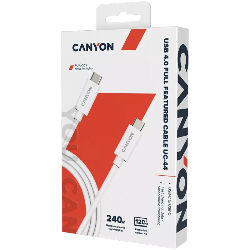 CANYON UC-44, kábel, U4-CC-5A1M-E, USB4 Type-C na Type-C káblová zostava 40G 1m 5A 240W(ERP) s E-MARK, CE, ROHS, biely