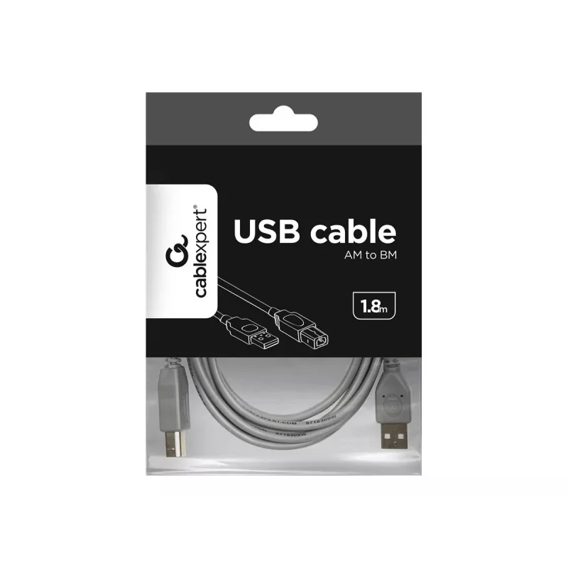 USB 2.0 A konektor samec na B konektor samec kábel, 1,8 m, sivý