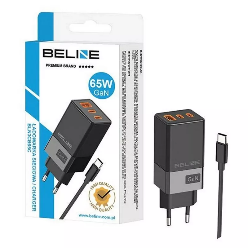 Beline sieťový adaptér 2x USB-C 1x USB 65W kábel USB-C čierny/čierny PD 3.0