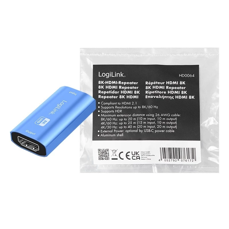 HDMI opakovač, 20m, 8K 60Hz, HDCP 2.3, hliník, modrá
