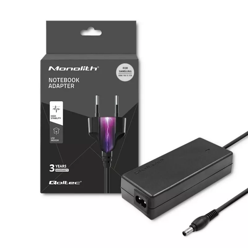 Qoltec 50015.60W napájací zdroj pre Samsung | 60W | 19V | 3,15A | 5,5*3,5+Pin | vrát. napájací kábel