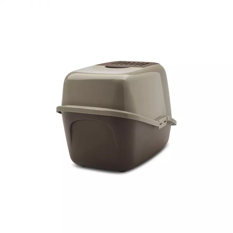 Zakryté mačacie WC Savic Nestor, plast, 56×39×38,5 cm, teplá sivá–čokoládová hnedá