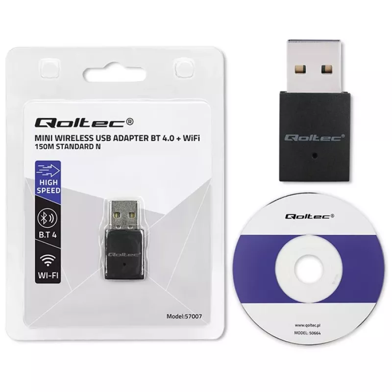 Kompaktný bezdrôtový mini USB Wi-Fi adaptér QOLTEC 57007 – Single-Band 2,4 GHz, až do 150 Mbit/s, interná anténa