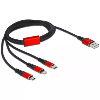 USB nabíjací kábel DeLOCK 3-v-1 Type-A na Lightning / 2 x USB Type-C 1 m čierny / červený