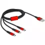 USB nabíjací kábel DeLOCK 3-v-1 Type-A na Lightning / 2 x USB Type-C 1 m čierny / červený