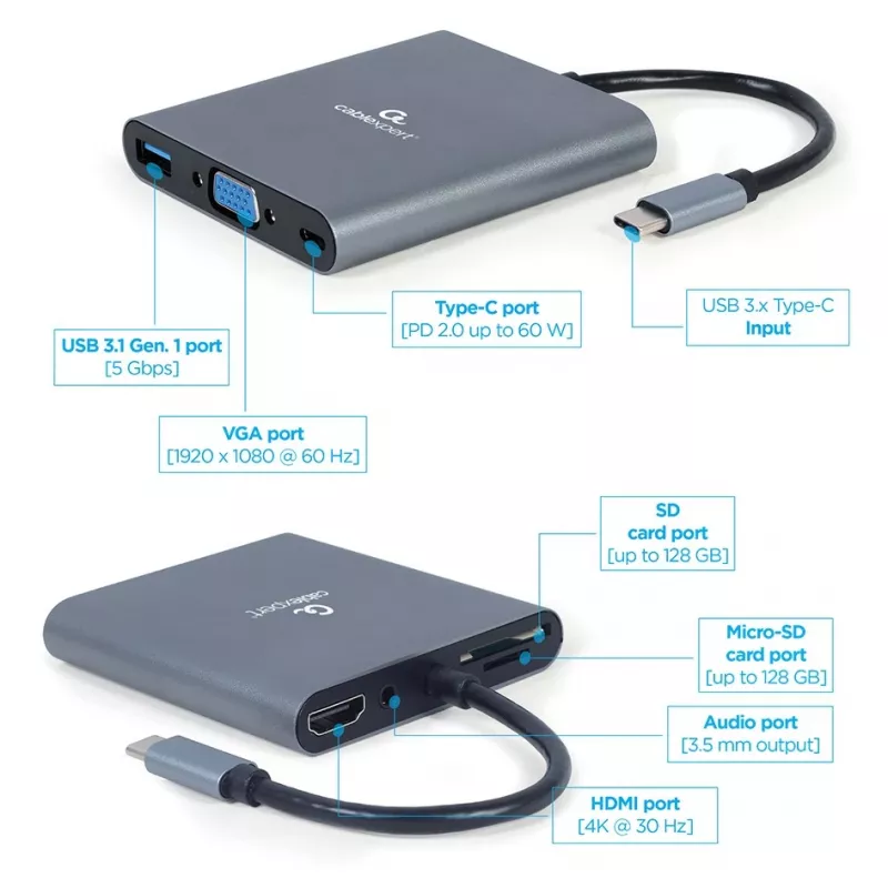 Gembird A-CM-COMBO6-01 viacportový adaptér USB-C 6v1, USB 3.1 Gen 1, HDMI 4K, VGA, PD 60 W, čítačka kariet SD/microSD, audio 3,5 mm, sivý