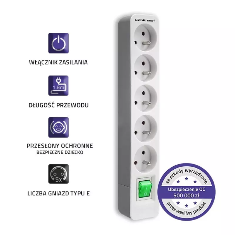 Qoltec 50290 rozbočovač 1,8 m 5 AC zásuviek interiér biely