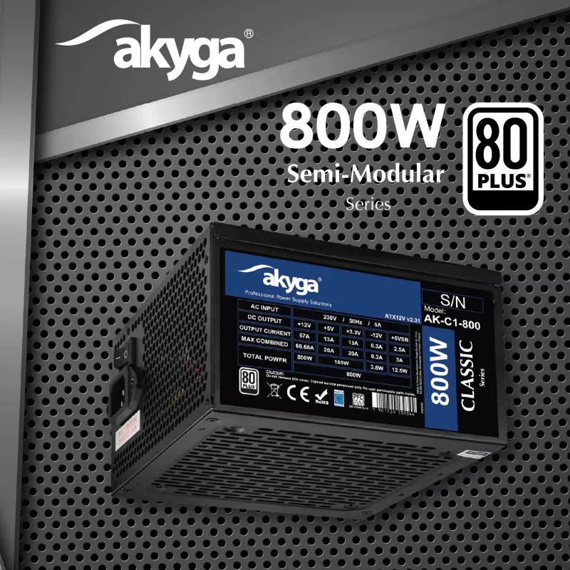 Akyga Classic AK-C1-800 ATX napájací zdroj 800 W, 80 PLUS, aktívne PFC, 120 mm ventilátor