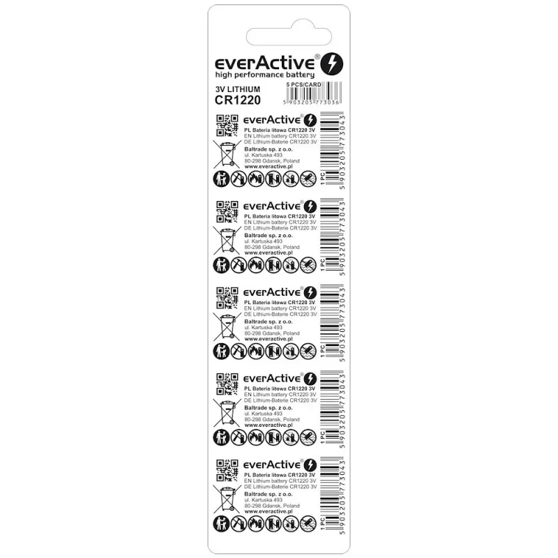 Gombíková lítiová batéria everActive CR1220 — 3V, 40 mAh, 12,5×2 mm, jednorazová, 5 ks